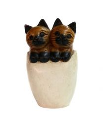 2 Wooden Cats In Cup, 20cm Height