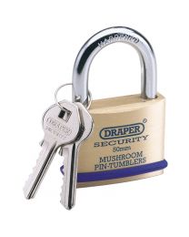 Draper 21mm Solid Brass Padlock and 2 Keys with Mushroom Pin Tumblers Hardened Steel Shackle and Bumper