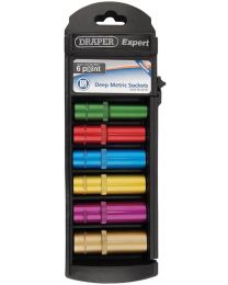 Set of 1/2 Inch Sq. Dr. 6 Point Deep Draper Hi-Torq® Metric Satin Coloured Chrome Sockets (6 Piece)