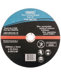 Draper 230 x 22.2 x 3.0mm Flat Metal Cutting Wheel