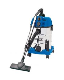 Draper 30L Wet and Dry Vacuum Cleaner with Stainless Steel Tank and Integrated 230V Power Socket (1600W)