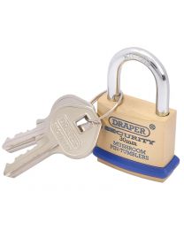 Draper 30mm Solid Brass Padlock and 2 Keys with Mushroom Pin Tumblers Hardened Steel Shackle and Bumper