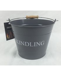 Small Metal Fireside Kindling Bucket with Wooden Handle - Diameter of 23cm (9 Inch) - Grey Finish