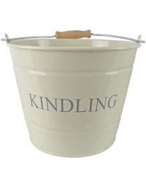 Small Metal Fireside Kindling Bucket with Wooden Handle Diameter Of 22 Centimeters Cream Finish