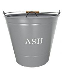 Traditional Metal Ash Storage Bucket with Wooden Handle - Grey Finish and Cream Writing