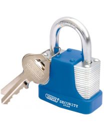 Draper 44mm Laminated Steel Padlock and 2 Keys with Hardened Steel Shackle and Bumper