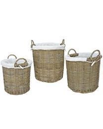 Set of 3 Wicker / Rattan Fire Side Storage Baskets - Tall and Slim Circular Design - Light Brown Finish