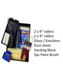 Lynwoods all in one Decorating Painting Roller set R0714 2 X 9Æ’?Â Roller Sleeves Emulsion / Gloss Mini Roller Dust Sheet