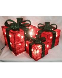 Christmas Decoration - Set of 3 Lit Sisal Parcels Red With Green Ribbon