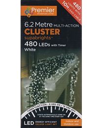 Premier Decorations 480 Multi Action Indoor & Outdoor Christmas Cluster LED Lights with Timer - White