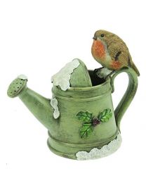 Ceramic Robin on a Watering Can Christmas Figurine