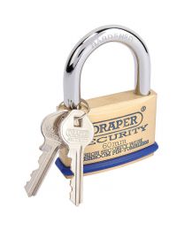 Draper 60mm Solid Brass Padlock and 2 Keys with Mushroom Pin Tumblers Hardened Steel Shackle and Bumper