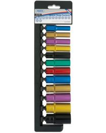 Draper 3/8 Inch Sq. Dr. Metric Deep Sockets with a Coloured Chrome Finish (12 Piece)