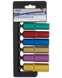 Draper 1/2 Inch Sq. Dr. Metric Deep Sockets with a Coloured Chrome Finish (6 Piece)