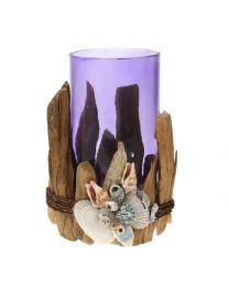 Candle Holder - Driftwood, Shells, Purple Glass 13cm