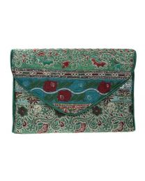 Clutch Bag Green With Strap, Recycled Sari