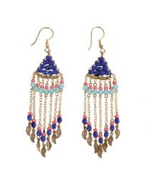 Earrings Gold Coloured Drop Chain With Blue + Pink Beads