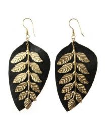 Earrings, Gold Coloured Leaves On Black Leather