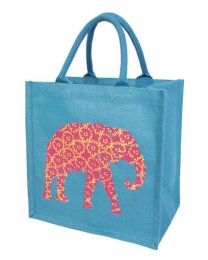 Jute Shopping Bag, Blue With Floral Elephant