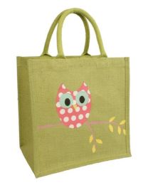 Jute Shopping Bag, Green Owl On Branch