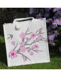 Jute Shopping Bag, Square, Cherry Tree With Swallows