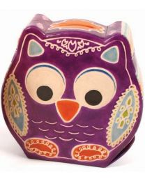 Leather Money Box Owl Purple