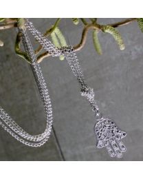 Necklace Long Silver Coloured Chain Hamsa Hand