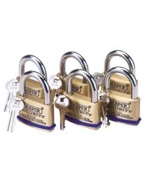 Draper Pack of 6 x 60mm Solid Brass Padlocks with Hardened Steel Shackle