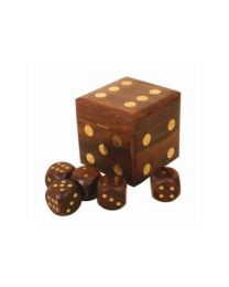 Wooden Dice Shaped Box Containing 5 Playing Dice
