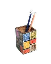Wooden Pen/pencil Pot With Recycled Stamps